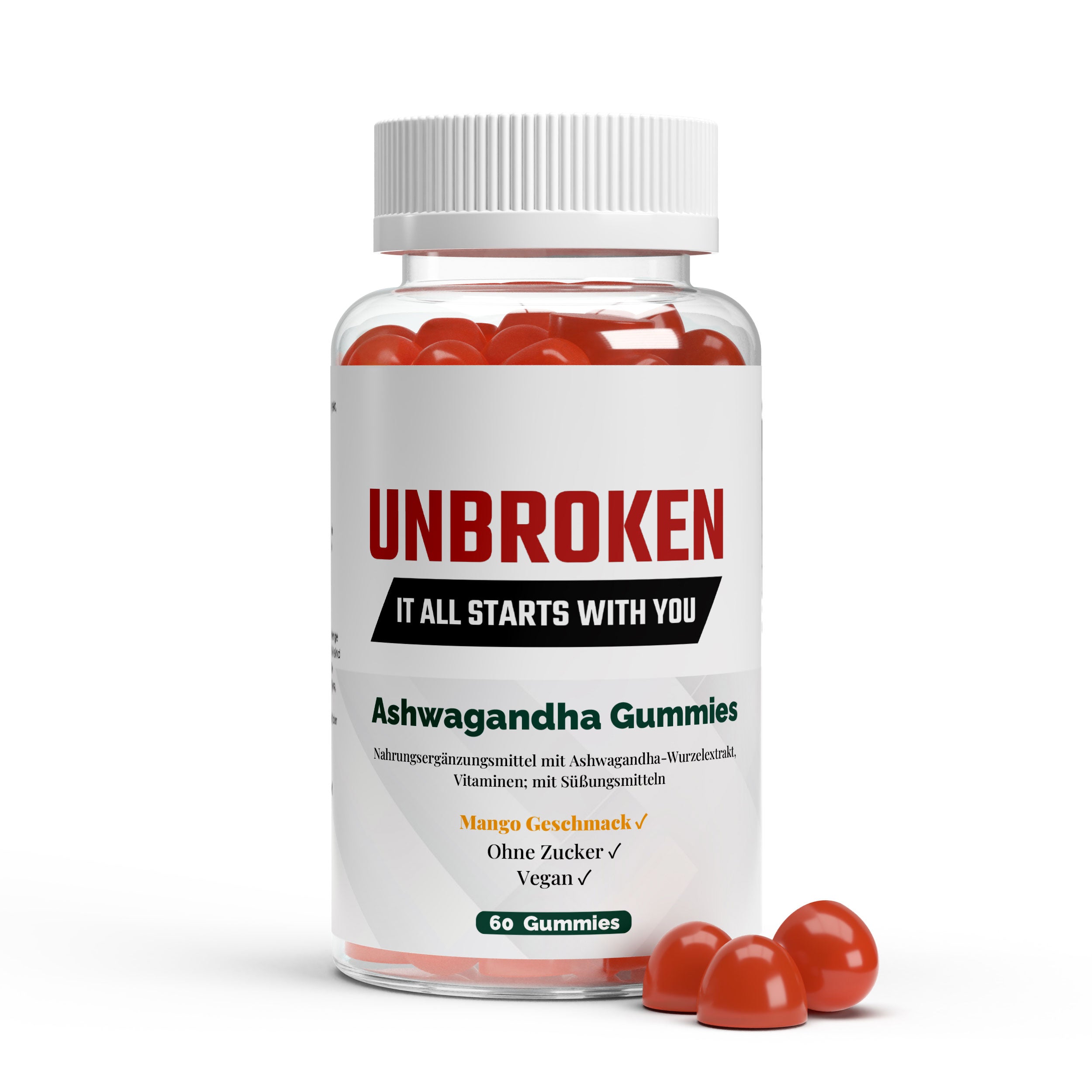 Unbroken Ashwagandha Vitamin B6 Gummies in Dose mit roten Gummies vor weißem Hintergrund