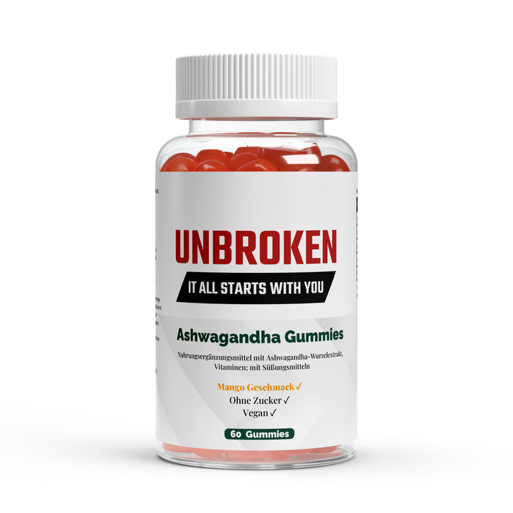 Vorderseite der Unbroken Ashwagandha Vitamin B6 Gummies Dose mit roten Gummies im Inneren