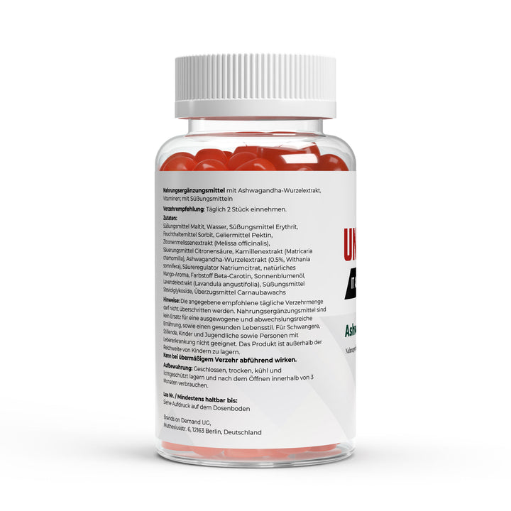 Rückseite der Unbroken Ashwagandha Vitamin B6 Gummies Dose mit Anwendungshinweisen und Produkttext