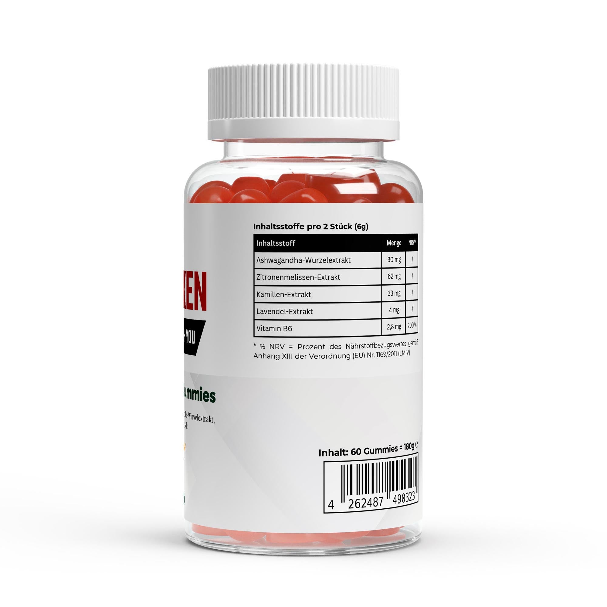 Rückansicht der Unbroken Ashwagandha Vitamin B6 Gummies Dose mit Inhaltsstoffen und Barcode