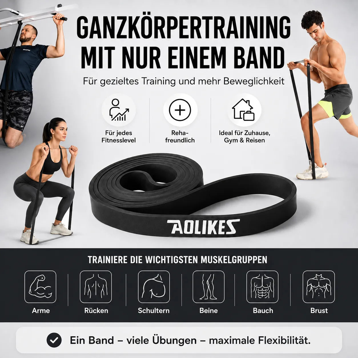 Resistance Band für Ganzkörpertraining mit Übungen für Arme, Rücken, Schultern, Beine, Bauch und Brust
