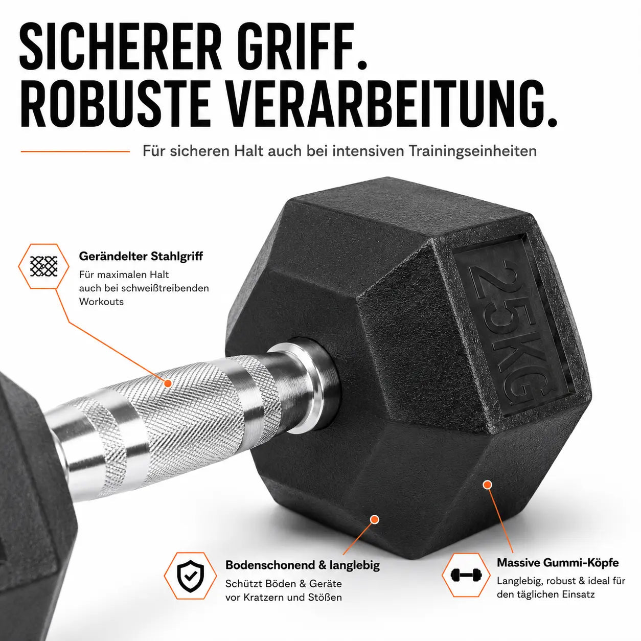 Rubber Hex Kurzhantel mit gerändeltem Stahlgriff, gummierten Köpfen und bodenschonender Gummierung für sicheres Krafttraining