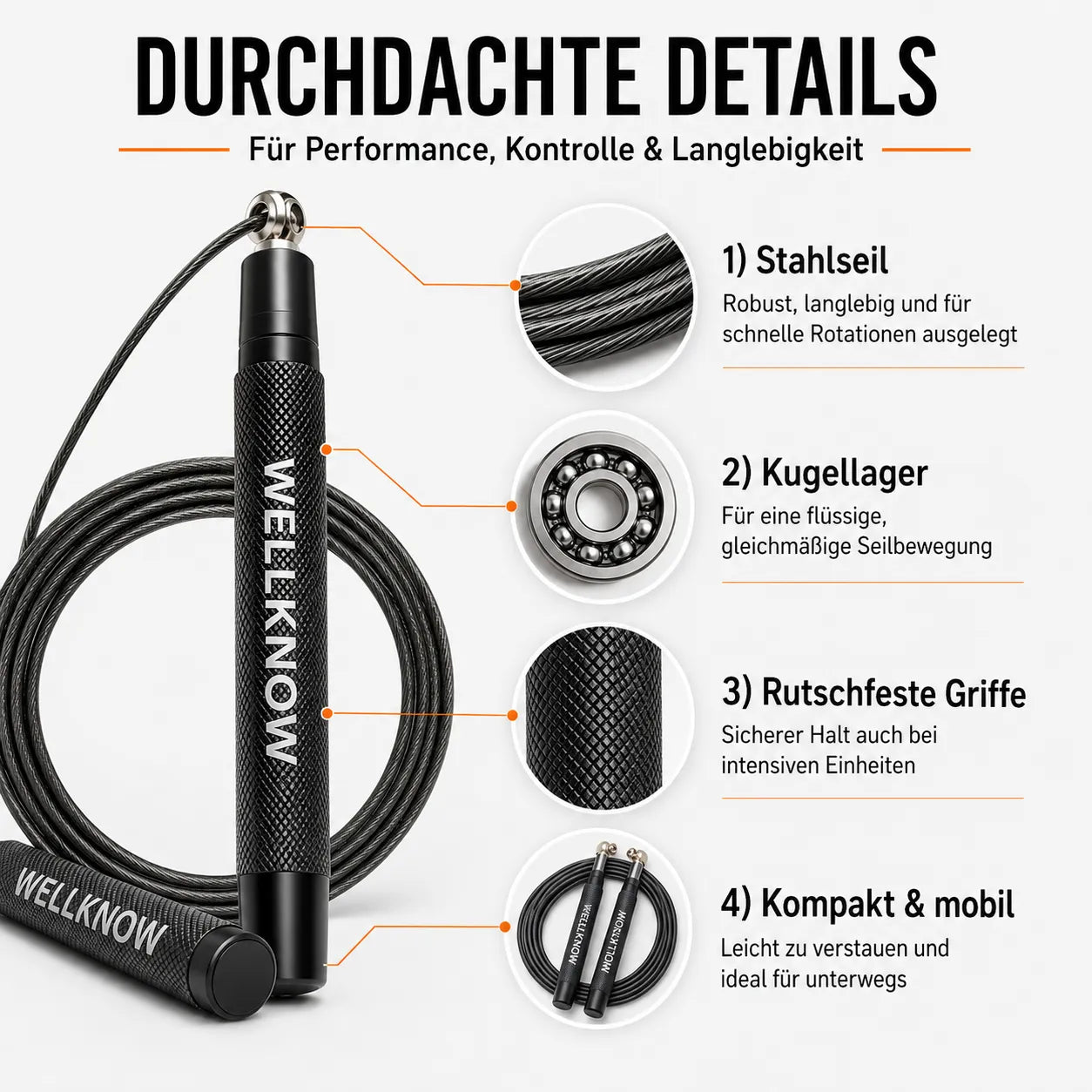 Detailansicht vom Speed Rope mit Stahlseil, Kugellager, rutschfesten Griffen und kompaktem Design