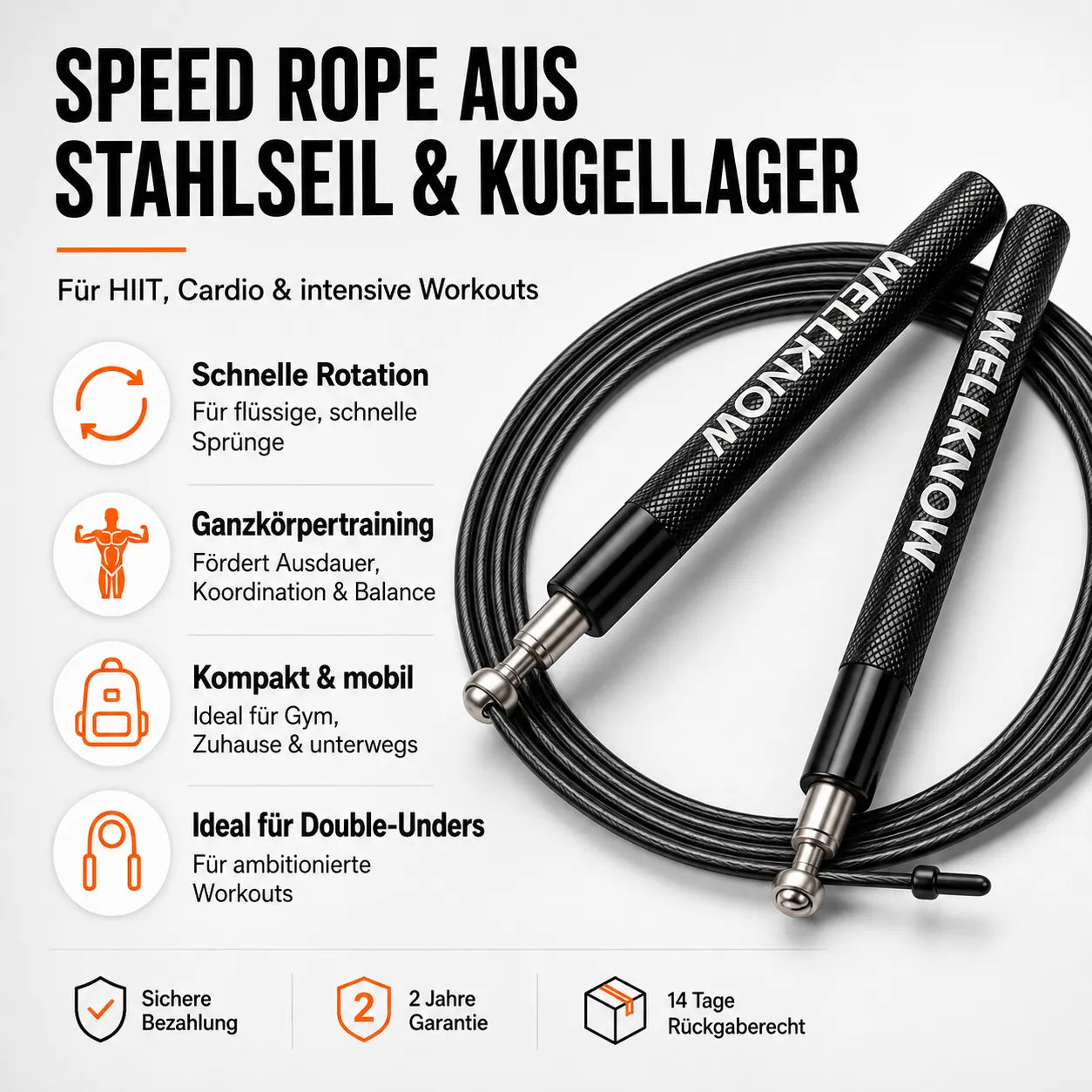 Speed Rope aus Stahlseil mit Kugellager für HIIT, Cardio und intensive Workouts