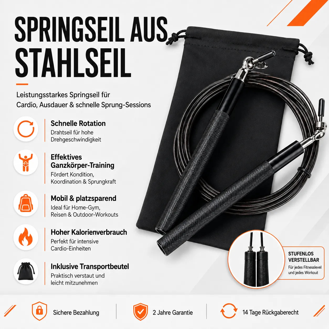 Sprungseil aus Stahlseil mit schneller Rotation für Cardio, Ausdauertraining und intensive Sprung-Sessions