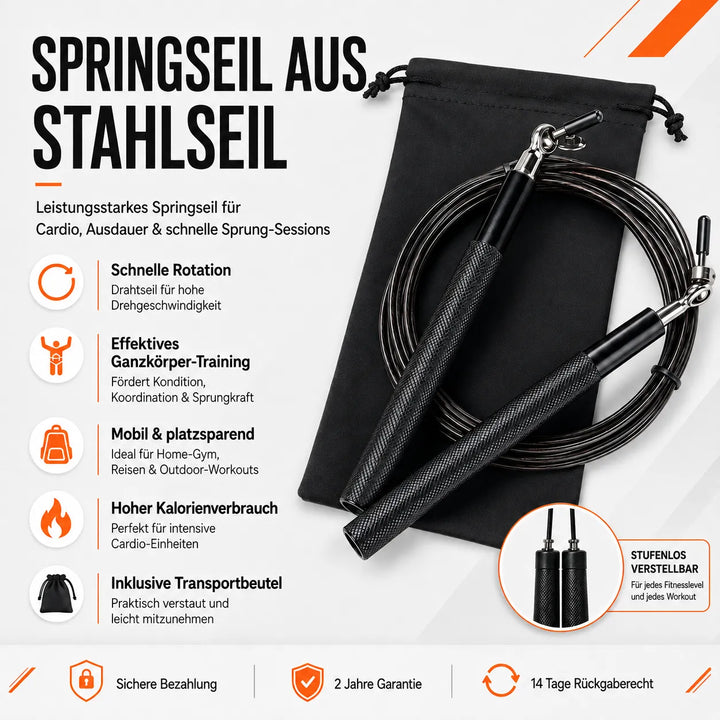 Sprungseil aus Stahlseil mit schneller Rotation für Cardio, Ausdauertraining und intensive Sprung-Sessions