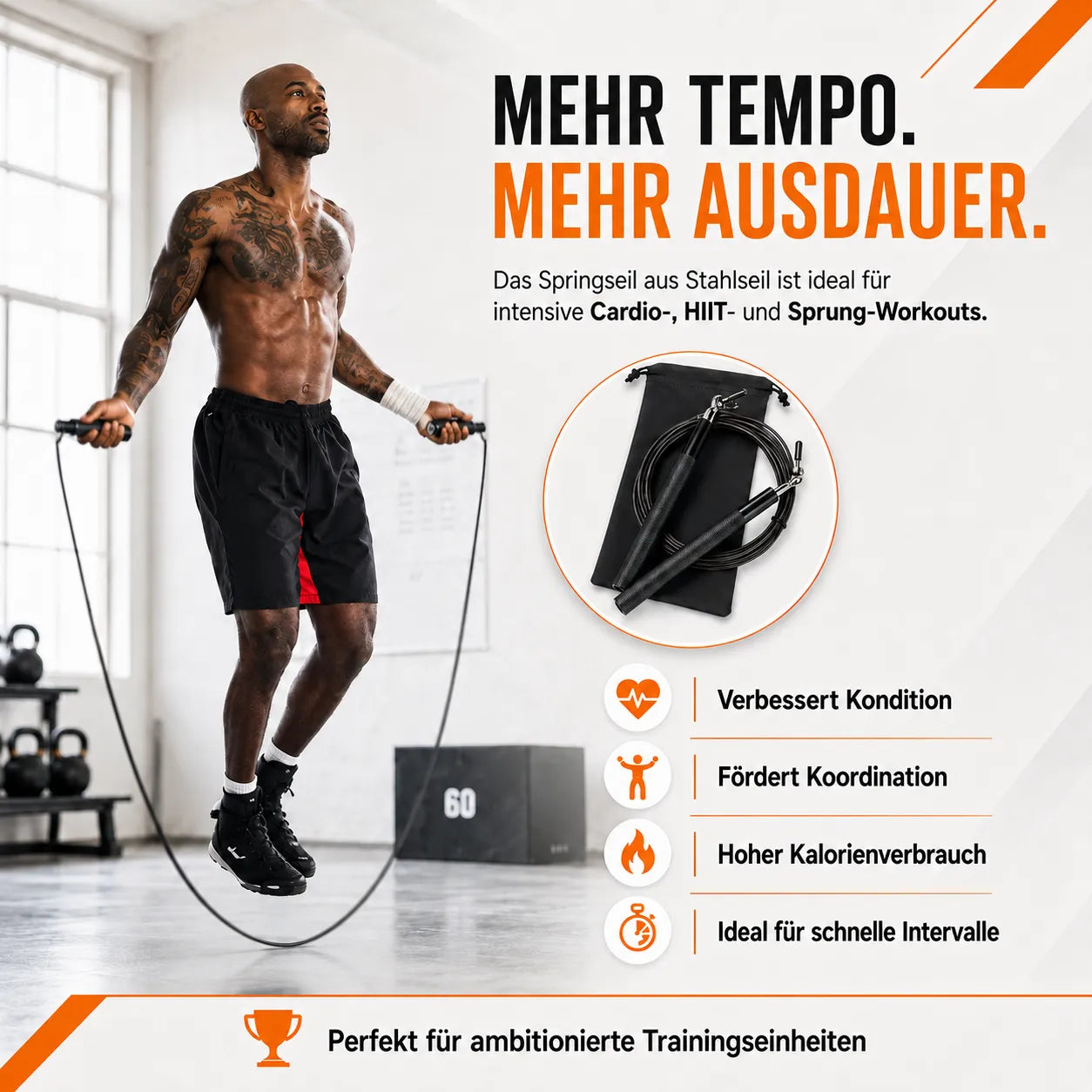 Athlet trainiert mit Stahlseil-Sprungseil für mehr Tempo, Ausdauer, Koordination und HIIT-Workouts