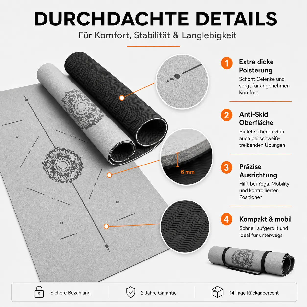 Detailansicht der Yoga und Fitness Matte mit dicker Polsterung, Anti-Skid Oberfläche, Ausrichtungslinien und kompaktem Trageformat