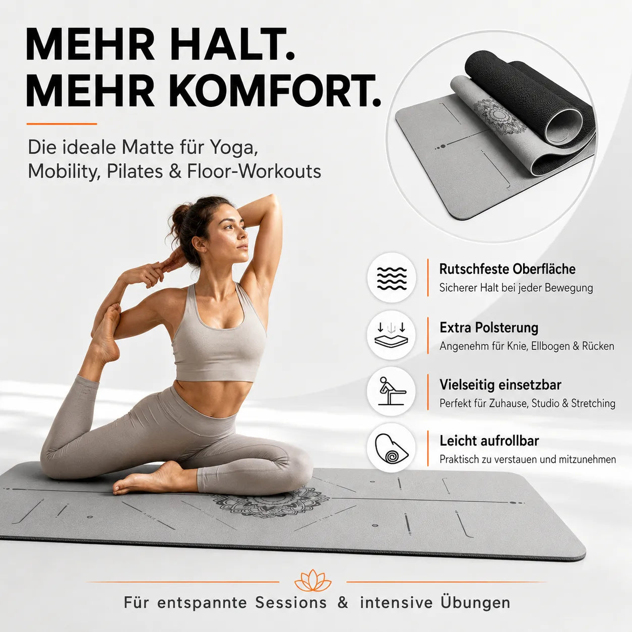 Frau trainiert auf rutschfester Yoga Matte mit extra Komfort für Yoga, Mobility, Pilates und Floor-Workouts